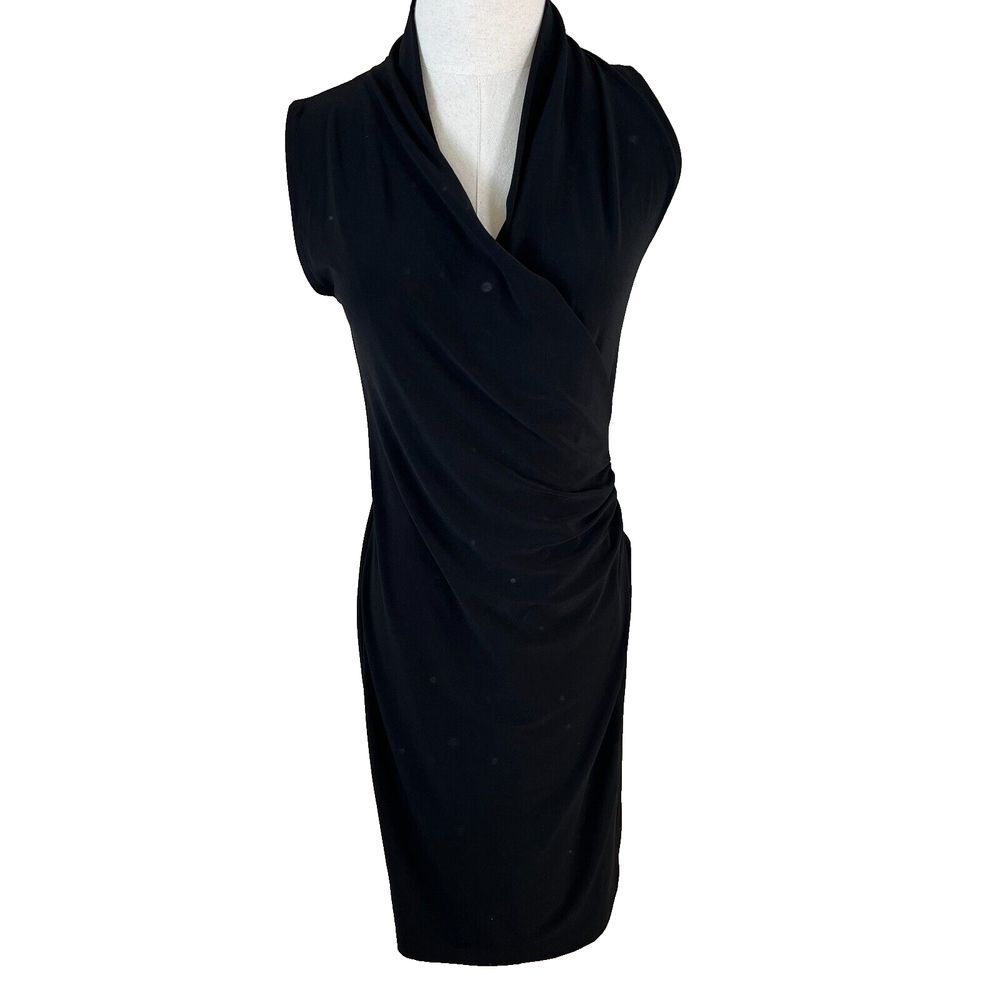 Norma Kamali‎ Faux Wrap Dress Size Small Black Stretch Jersey Knit Sleeveless